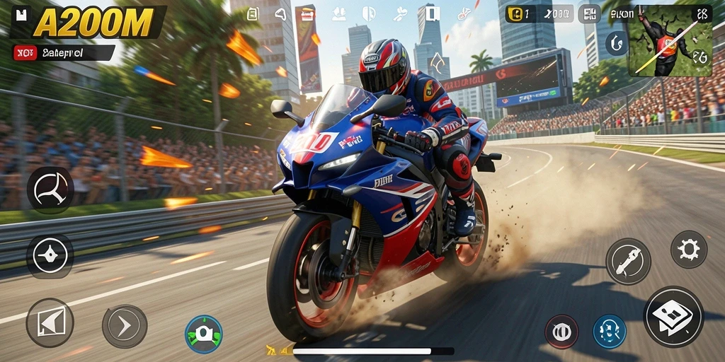 Screenshot menunjukkan aksi balapan mendebarkan di A200M.