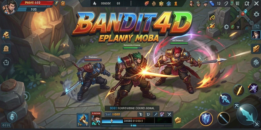 Screenshot gameplay BANDIT4D menampilkan aksi pertarungan yang intens di arena MOBA.