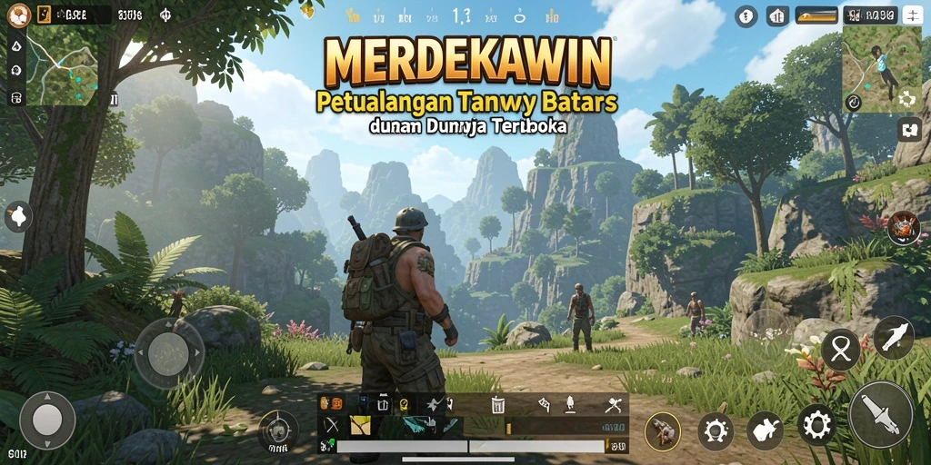 Tangkapan layar gameplay MERDEKAWIN yang menunjukkan eksplorasi dunia terbuka.
