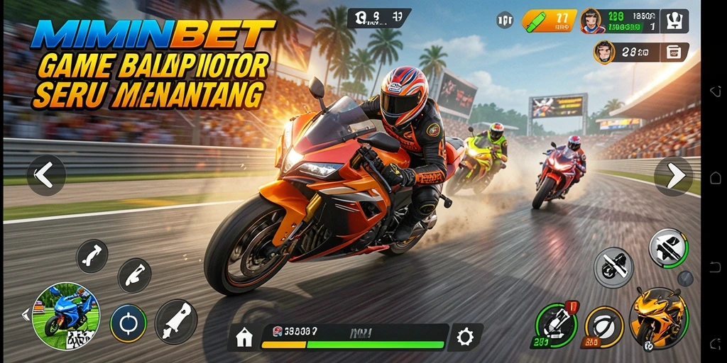 Screenshot gameplay MIMINBET menampilkan aksi balap motor yang mendebarkan.