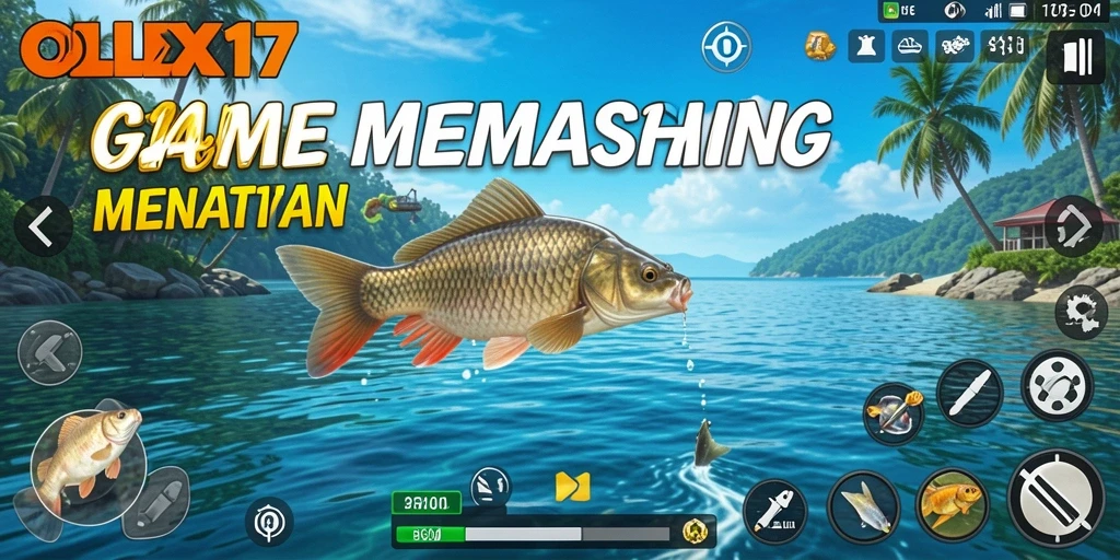 Screenshot gameplay OLX17 menampilkan momen seru saat memancing ikan besar.