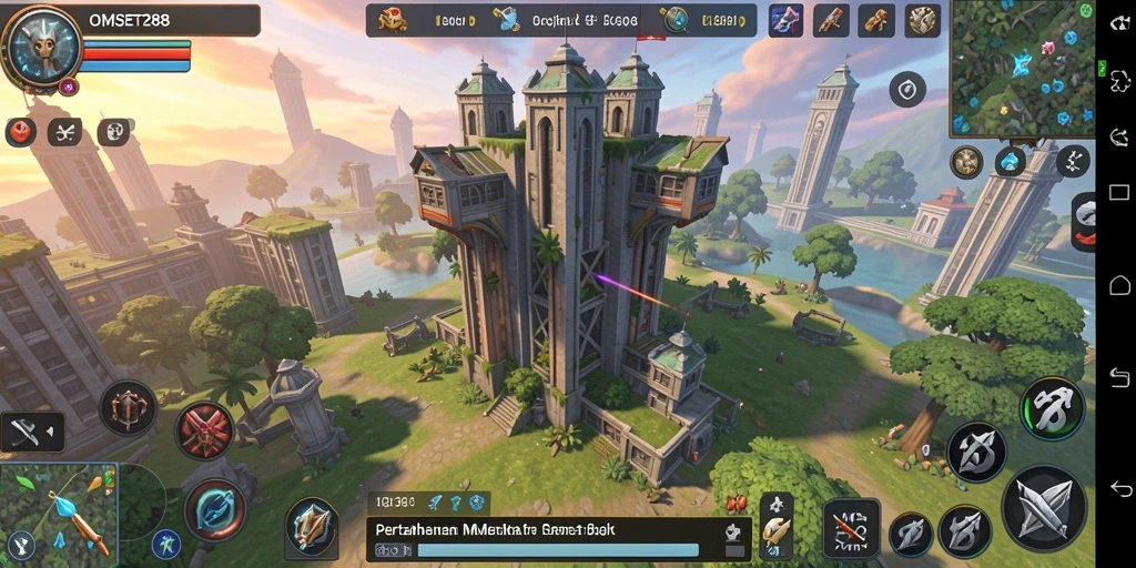 Screenshot gameplay OMSET288 menampilkan menara yang siap bertahan dari serangan musuh.