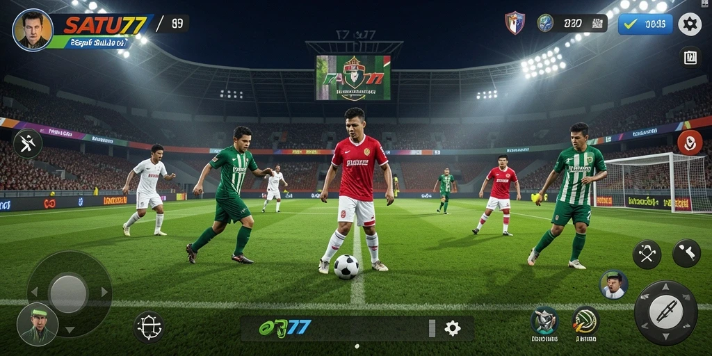 Screenshot gameplay SATU77 menampilkan aksi sepak bola yang seru.