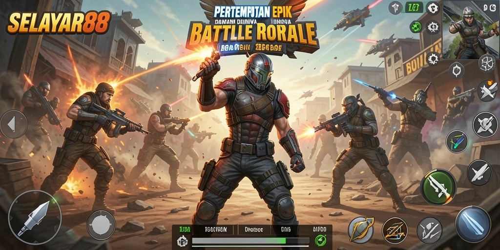 Tangkapan layar gameplay <strong>SELAYAR88</strong> menunjukkan aksi mendebarkan di medan perang Battle Royale.